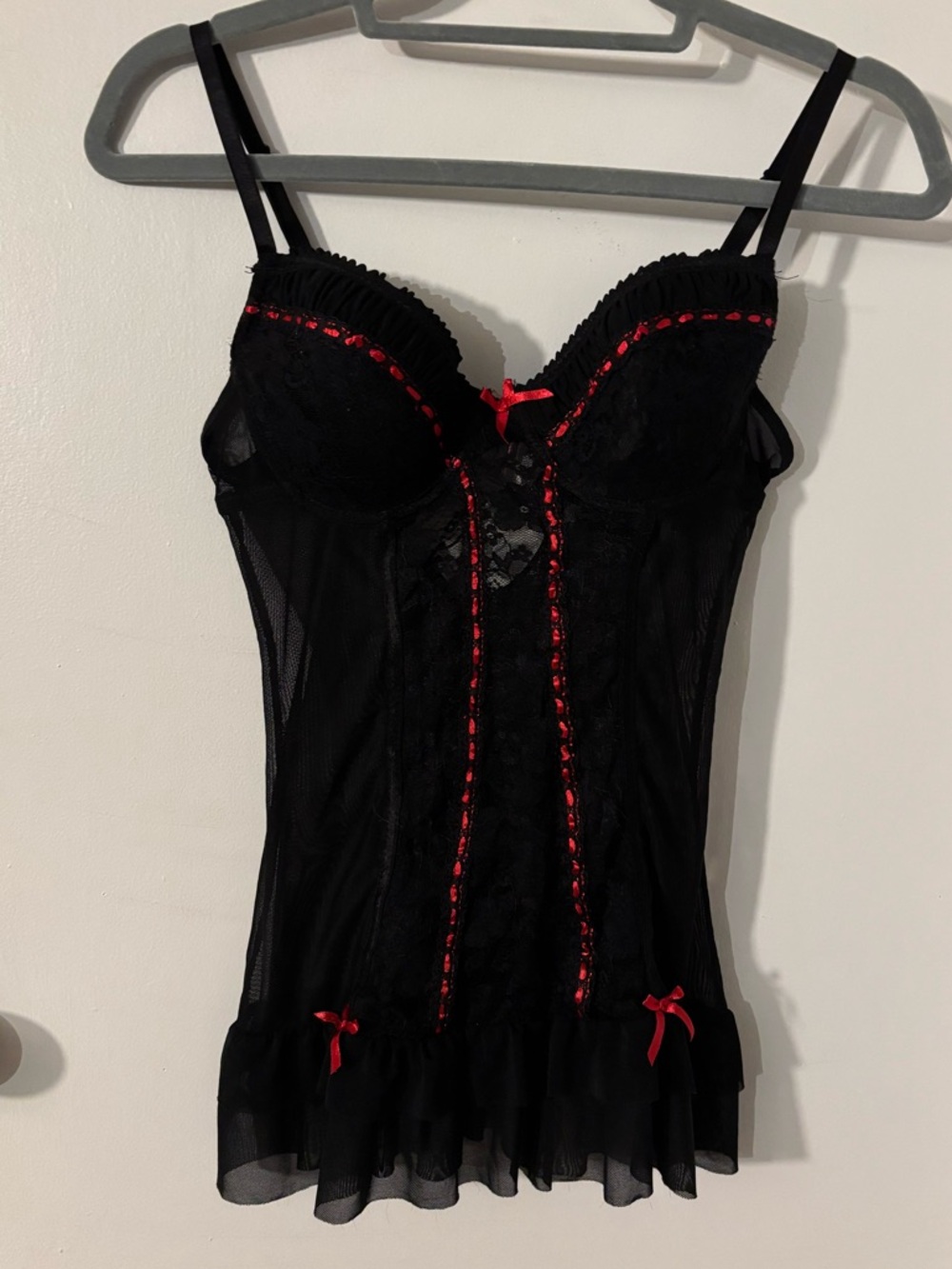 Jezebel Black Lace Lingerie Top with Red Ribbon Accents